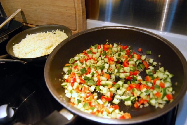 saute the cucumber, peppers, onion, garlic