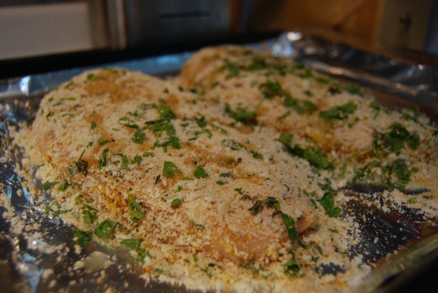 press the herb crumbs onto the chicken